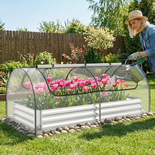 Costway Letto da giardino rialzato zincato con copertura 2 porte a rullo, Serra da esterno per coltivazione di erbe aromatiche verdure Verde