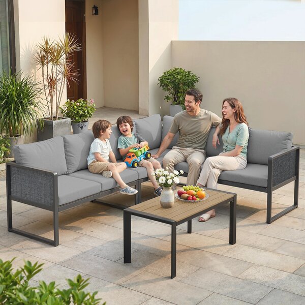 Outsunny Set da giardino angolare modulare 6 persone, divani, tavolino e cuscini, grigio scuro | Aosom Italy