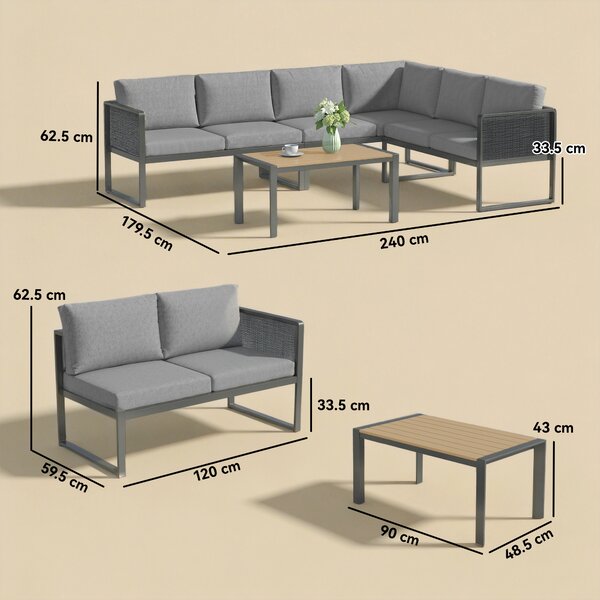 Outsunny Set da giardino angolare modulare 6 persone, divani, tavolino e cuscini, grigio scuro | Aosom Italy
