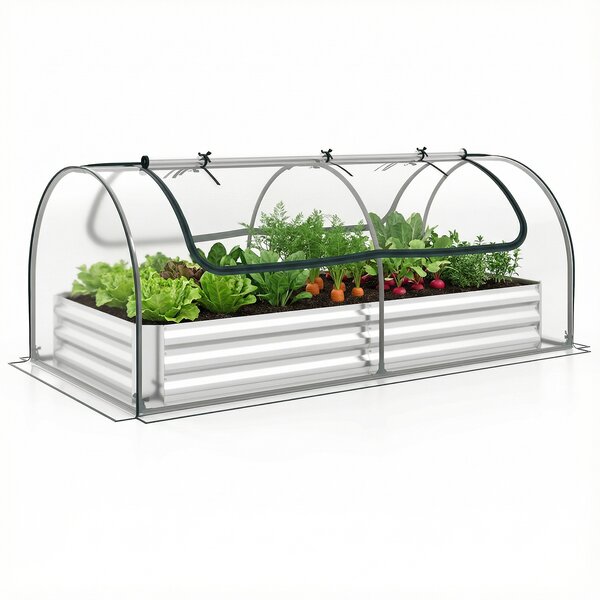Costway Letto da giardino rialzato zincato con copertura 2 porte a rullo, Serra da esterno per coltivazione di erbe aromatiche verdure Verde