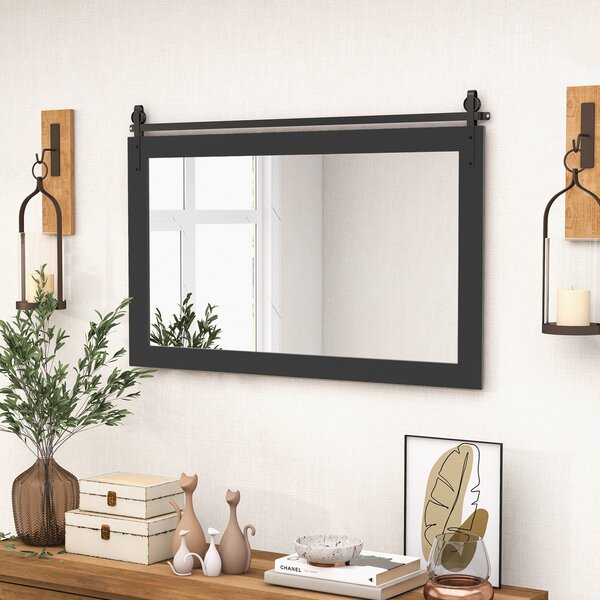 Costway Specchio da parete con cornice in legno massiccio e staffa in metallo, Decorazione da parete in stile rustico Nero