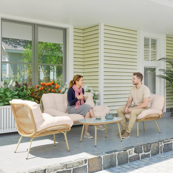 Outsunny Salotto da giardino 4 pezzi in resina intrecciata Cuscino 12 cm Ultra Spesso Divano 138 cm 2 Poltrone e Tavolino Beige | Aosom Italy