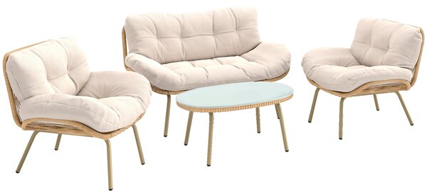 Outsunny Salotto da giardino 4 pezzi in resina intrecciata Cuscino 12 cm Ultra Spesso Divano 138 cm 2 Poltrone e Tavolino Beige | Aosom Italy