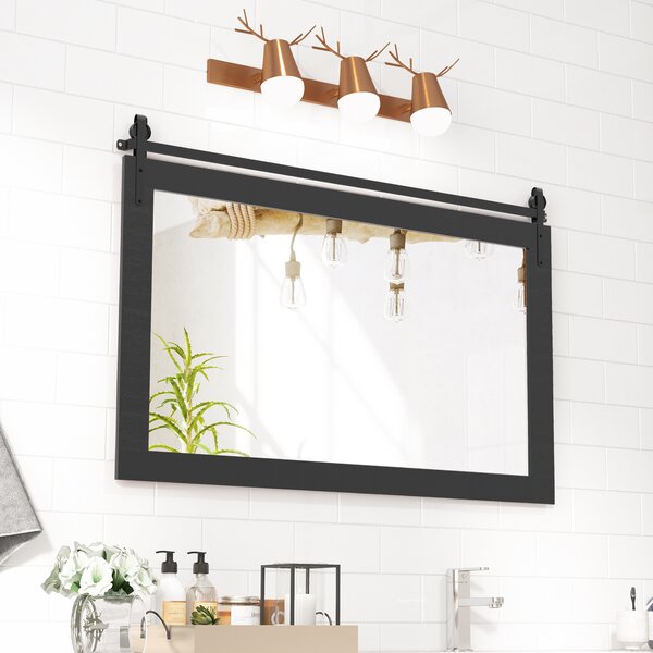 Costway Specchio da parete con cornice in legno massiccio e staffa in metallo, Decorazione da parete in stile rustico Nero
