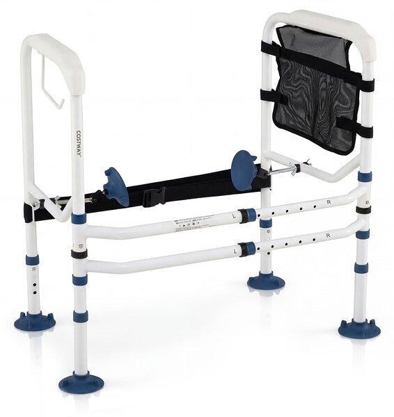 Costway Supporto per wc con braccioli imbottiti portarotolo e tasca, Corrimano di sicurezza per wc in acciaio inox per anziani disabili Bianco