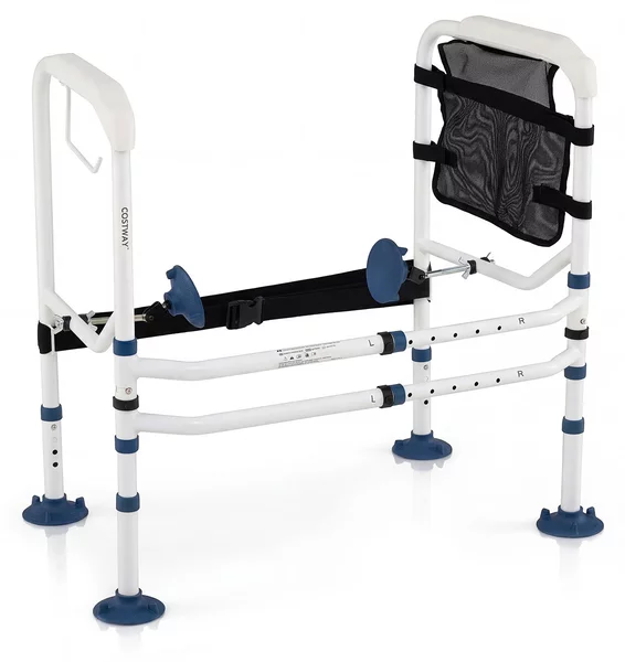 Costway Supporto per wc con braccioli imbottiti portarotolo e tasca, Corrimano di sicurezza per wc in acciaio inox per anziani disabili Bianco