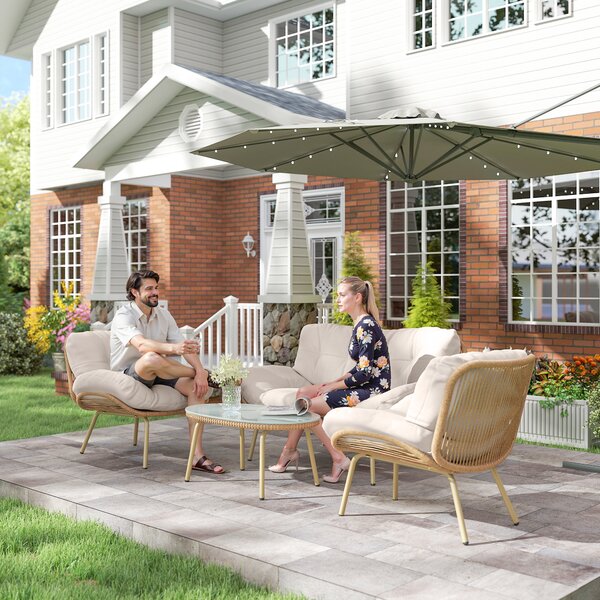 Outsunny Salotto da giardino 4 pezzi in resina intrecciata Cuscino 12 cm Ultra Spesso Divano 138 cm 2 Poltrone e Tavolino Beige | Aosom Italy