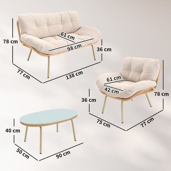 Outsunny Salotto da giardino 4 pezzi in resina intrecciata Cuscino 12 cm Ultra Spesso Divano 138 cm 2 Poltrone e Tavolino Beige | Aosom Italy