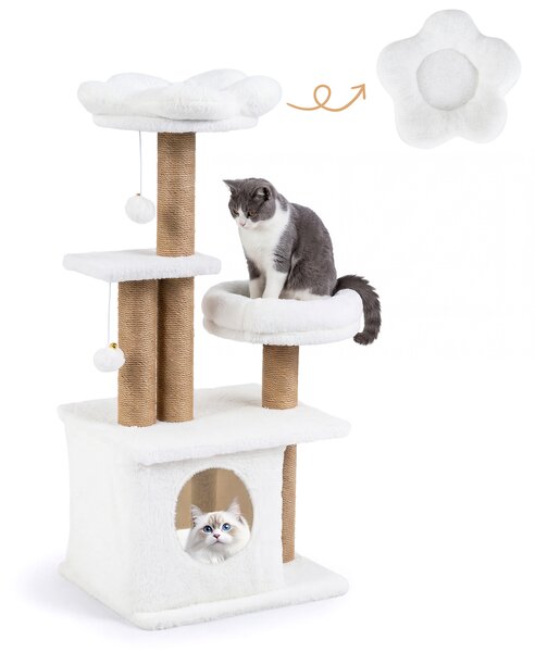 Costway Albero per gatti torre per gatti alta 96 cm 2 palline con campanelli appese, Condo accogliente letto per gatti posti per graffiare Beige