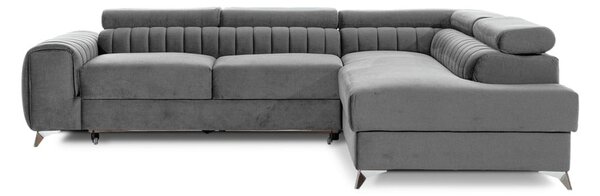 Divano angolare grigio allungabile/con contenitore (con penisola a destra/a L) e rivestimento in velluto Laurence – ELTAP