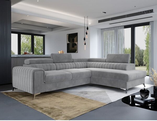 Divano angolare grigio allungabile/con contenitore (con penisola a destra/a L) e rivestimento in velluto Laurence – ELTAP
