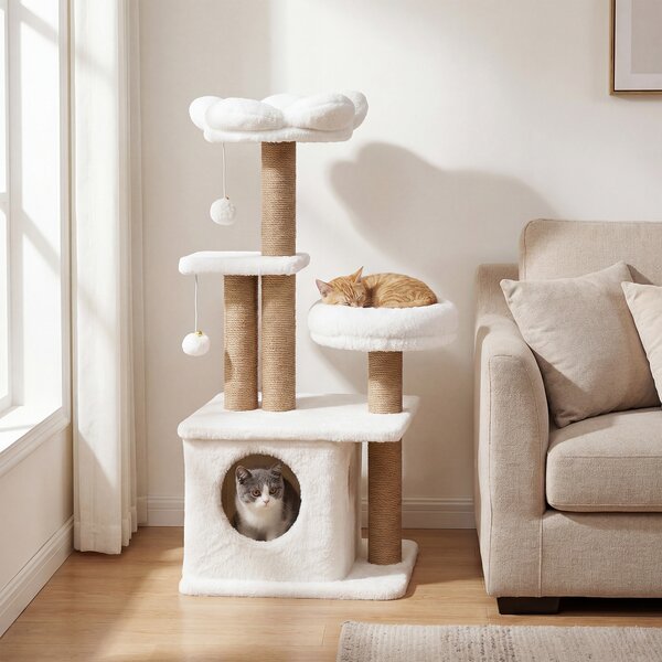 Costway Albero per gatti torre per gatti alta 96 cm 2 palline con campanelli appese, Condo accogliente letto per gatti posti per graffiare Beige