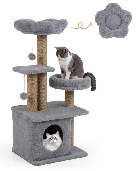 Costway Albero per gatti torre per gatti alta 96 cm 2 palline con campanelli appese, Condo accogliente letto per gatti posti per graffiare Grigio