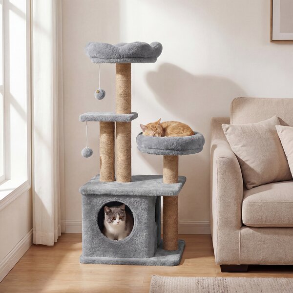 Costway Albero per gatti torre per gatti alta 96 cm 2 palline con campanelli appese, Condo accogliente letto per gatti posti per graffiare Grigio