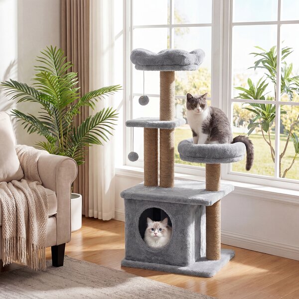 Costway Albero per gatti torre per gatti alta 96 cm 2 palline con campanelli appese, Condo accogliente letto per gatti posti per graffiare Grigio