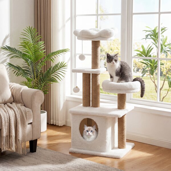 Costway Albero per gatti torre per gatti alta 96 cm 2 palline con campanelli appese, Condo accogliente letto per gatti posti per graffiare Beige