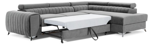 Divano angolare grigio allungabile/con contenitore (con penisola a destra/a L) e rivestimento in velluto Laurence – ELTAP