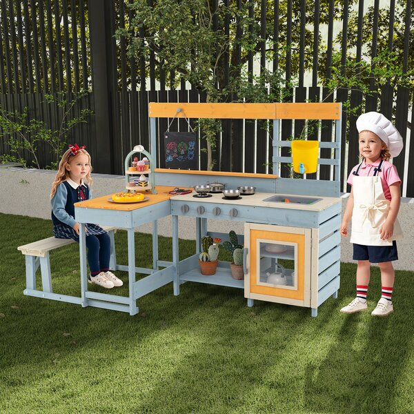 Costway Cucina fango con tavolo da picnic per bambini con panca integrata, Set cucina da esterno dolci e accessori da cucina Multicolore