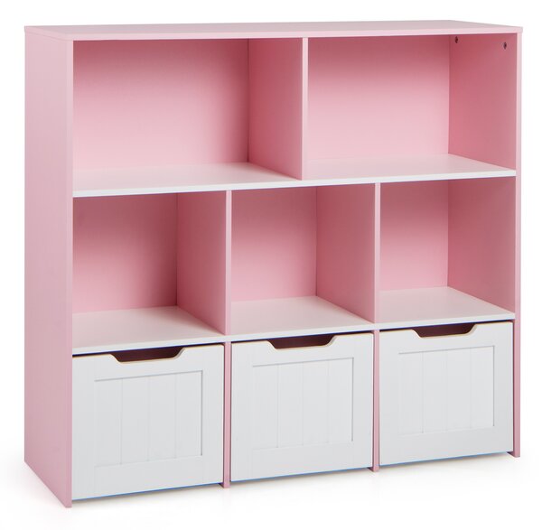 Costway Libreria montessoriana per bambini 5 scomparti aperti 3 cassetti mobili, Contenitore giochi per soggiorno camera bambini studio Rosa