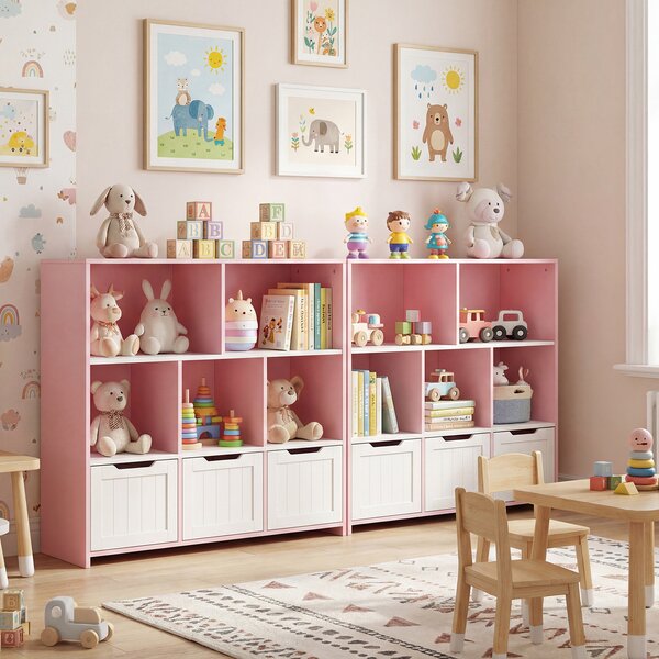 Costway Libreria montessoriana per bambini 5 scomparti aperti 3 cassetti mobili, Contenitore giochi per soggiorno camera bambini studio Rosa