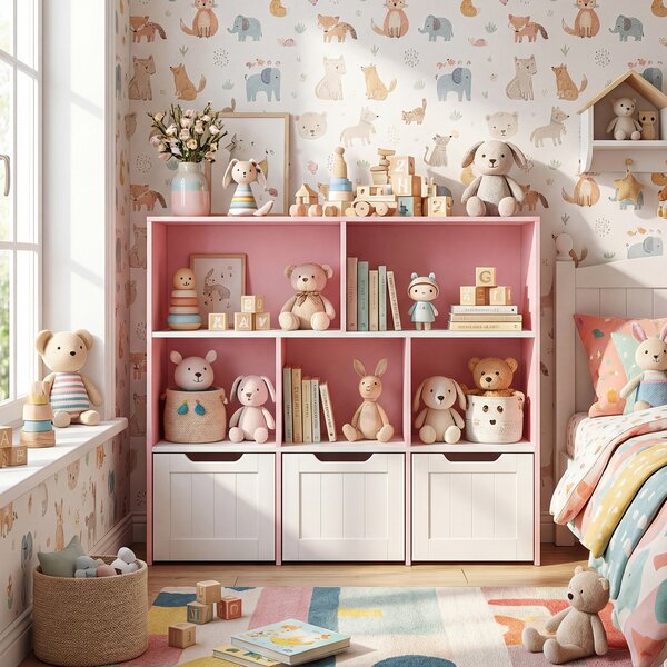 Costway Libreria montessoriana per bambini 5 scomparti aperti 3 cassetti mobili, Contenitore giochi per soggiorno camera bambini studio Rosa
