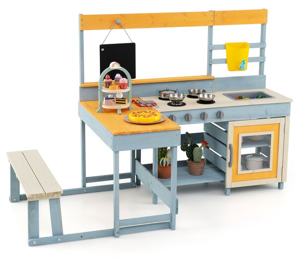 Costway Cucina fango con tavolo da picnic per bambini con panca integrata, Set cucina da esterno dolci e accessori da cucina Multicolore