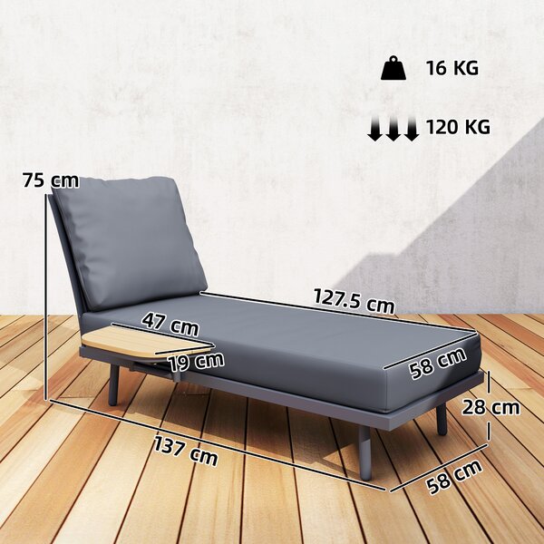Outsunny Sdraio da Giardino con Cuscini Lavabili in Olefina e Ripiano Laterale, Telaio in Metallo, 58x137x75cm, Grigio | Aosom Italy