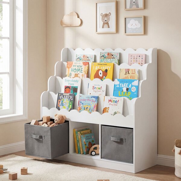 Costway 3 in 1 libreria per bambini con 2 cassetti in tessuto e 3 scomparti aperti, Organizer porta libri per cameretta e asilo nido Bianco