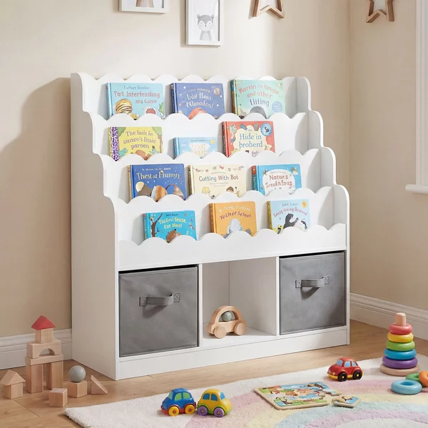 Costway 3 in 1 libreria per bambini con 2 cassetti in tessuto e 3 scomparti aperti, Organizer porta libri per cameretta e asilo nido Bianco