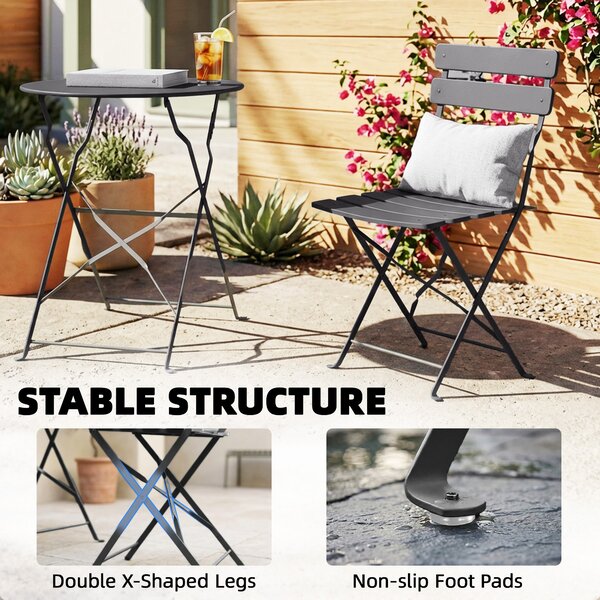 Outsunny Set Bistrot da Giardino 3 Pezzi Tavolo e 2 Sedie Pieghevoli a Doghe Doppia Protezione Antiruggine Nero | Aosom Italy