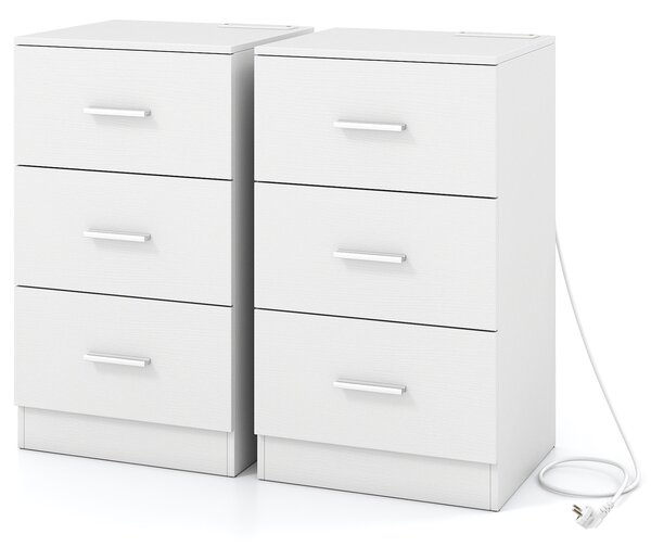 Costway Set di 2 comodini stazione ricarica moderno 3 cassetti porta usb, Tavolino salotto 2 kit anti-ribaltamento soggiorno camera letto Bianco