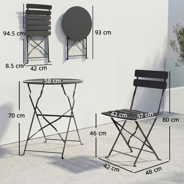 Outsunny Set Bistrot da Giardino 3 Pezzi Tavolo e 2 Sedie Pieghevoli a Doghe Doppia Protezione Antiruggine Nero | Aosom Italy