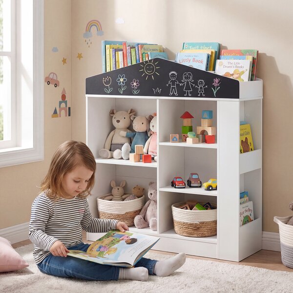Costway Scaffale portagiochi per bambini giocattoli con 11 scomparti 94 x 30 x 102 cm, Libreria con lavagna per cameretta in legno Bianco