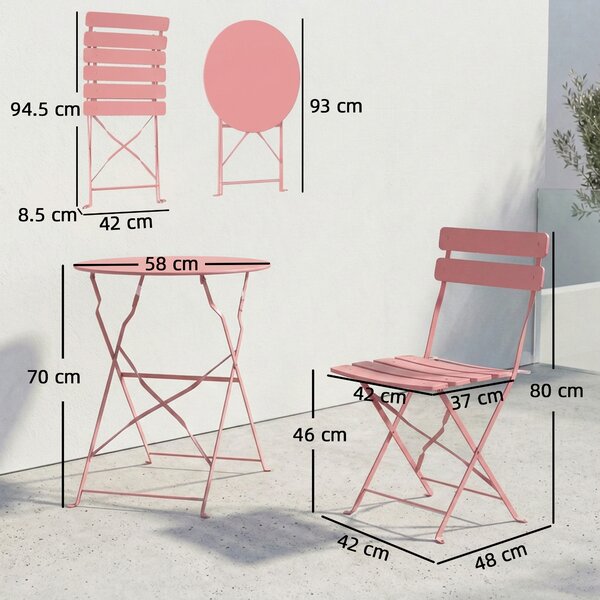 Outsunny Set Bistrot da Giardino 3 Pezzi Tavolo e 2 Sedie Pieghevoli a Doghe Doppia Protezione Antiruggine Rosa | Aosom Italy