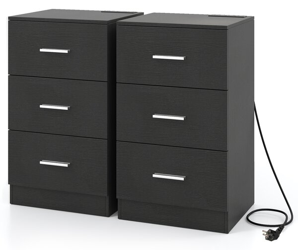 Costway Set di 2 comodini stazione ricarica moderno 3 cassetti porta usb, Tavolino salotto 2 kit anti-ribaltamento soggiorno camera letto Nero