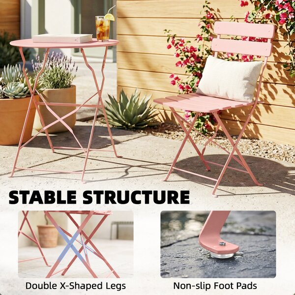 Outsunny Set Bistrot da Giardino 3 Pezzi Tavolo e 2 Sedie Pieghevoli a Doghe Doppia Protezione Antiruggine Rosa | Aosom Italy