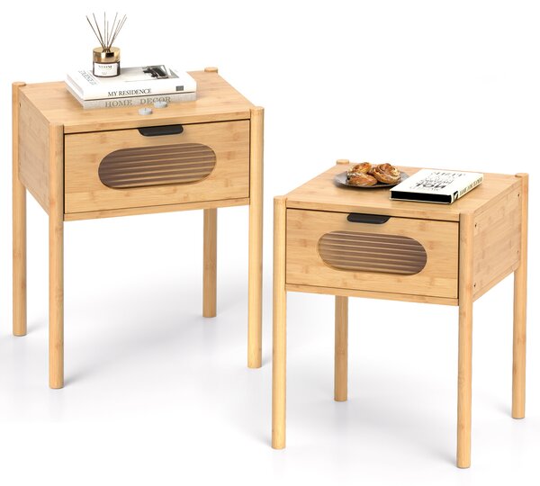 Costway Set di 2 comodini in bambù stile country con cassetto in vetro temperato, Comodino in bambù multifunzionale robusto per spazi piccoli