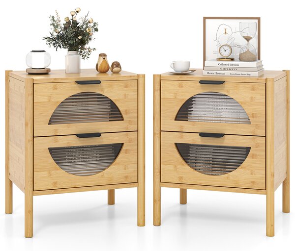 Costway Set di 2 comodini in bambù mid-century moderno con 2 cassetti e frontali in vetro temperato, Tavolino laterale naturale per soggiorno e camera da letto