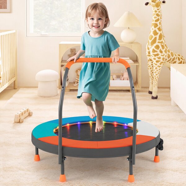 Costway Trampolino mini per bambini 90 cm con luci da interno ed esterno, Trampolino fitness con maniglia per bambini 3+ anni Blu