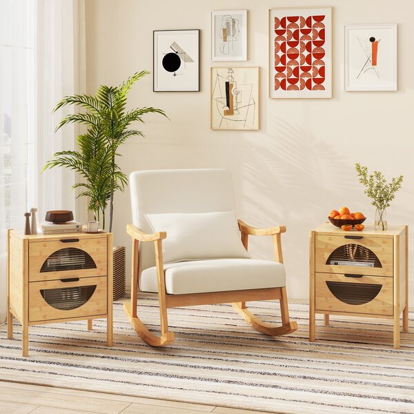 Costway Set di 2 comodini in bambù mid-century moderno con 2 cassetti e frontali in vetro temperato, Tavolino laterale naturale per soggiorno e camera da letto
