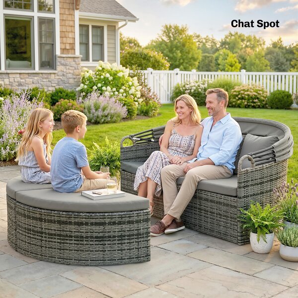 Outsunny Lettino prendisole rotondo, letto da giardino esterno modulabile 3 pz in resina intrecciata con tenda parasole retraibile, grigio chiaro | Aosom Italy
