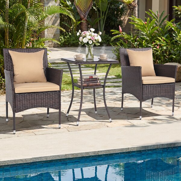Costway Set da bistrò da esterno 3 pezzi 2 sedie in rattan con cuscini, Set da conversazione per giardino veranda e bordo piscina Marrone