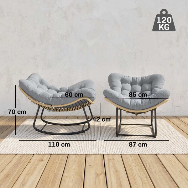 Outsunny Poltrona a dondolo in rattan sdraio da giardino con cuscino spesso, dondolo da giardino fino a 120 kg Interni ed Esterni 87 x 110 x 70 cm Grigio | Aosom Italy