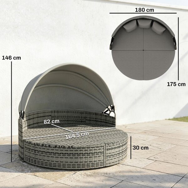 Outsunny Lettino prendisole rotondo, letto da giardino esterno modulabile 3 pz in resina intrecciata con tenda parasole retraibile, grigio chiaro | Aosom Italy