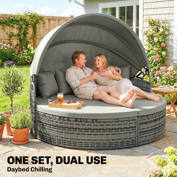 Outsunny Lettino prendisole rotondo, letto da giardino esterno modulabile 3 pz in resina intrecciata con tenda parasole retraibile, grigio chiaro | Aosom Italy