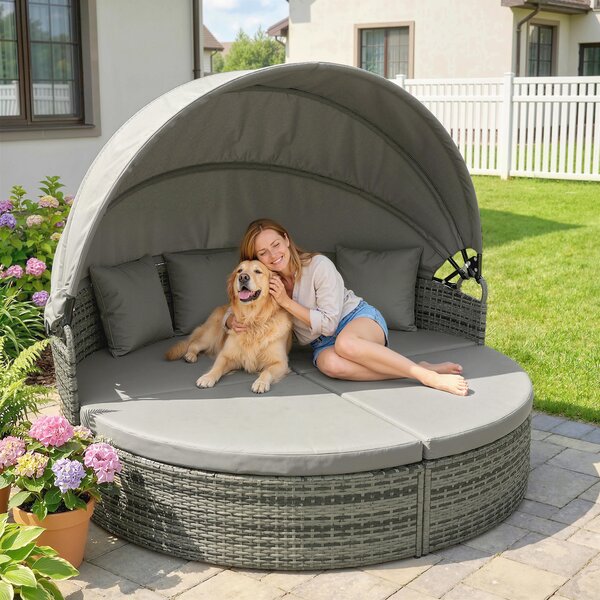 Outsunny Lettino prendisole rotondo, letto da giardino esterno modulabile 3 pz in resina intrecciata con tenda parasole retraibile, grigio chiaro | Aosom Italy