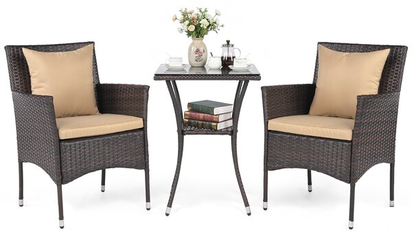 Costway Set da bistrò da esterno 3 pezzi 2 sedie in rattan con cuscini, Set da conversazione per giardino veranda e bordo piscina Marrone
