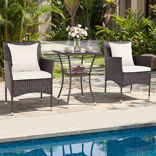 Costway Set da bistrò da esterno 3 pezzi 2 sedie in rattan con cuscini, Set da conversazione per giardino veranda e bordo piscina Beige