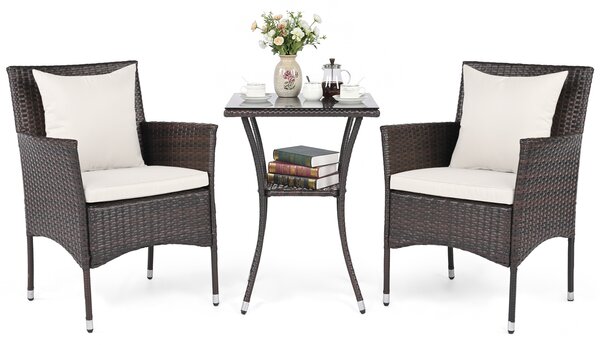 Costway Set da bistrò da esterno 3 pezzi 2 sedie in rattan con cuscini, Set da conversazione per giardino veranda e bordo piscina Beige