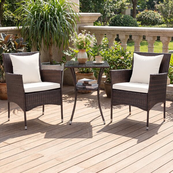 Costway Set da bistrò da esterno 3 pezzi 2 sedie in rattan con cuscini, Set da conversazione per giardino veranda e bordo piscina Beige